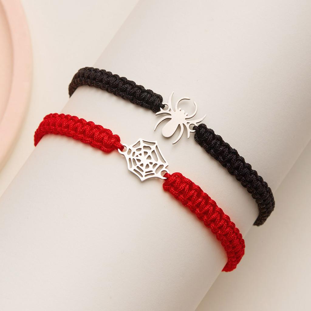 2 Pcs Halloween Spider Web Couple Bracelet Set for Women Men Handmade Red Good Luck Woven Rope Bracelets Friendship Jewelry Gift