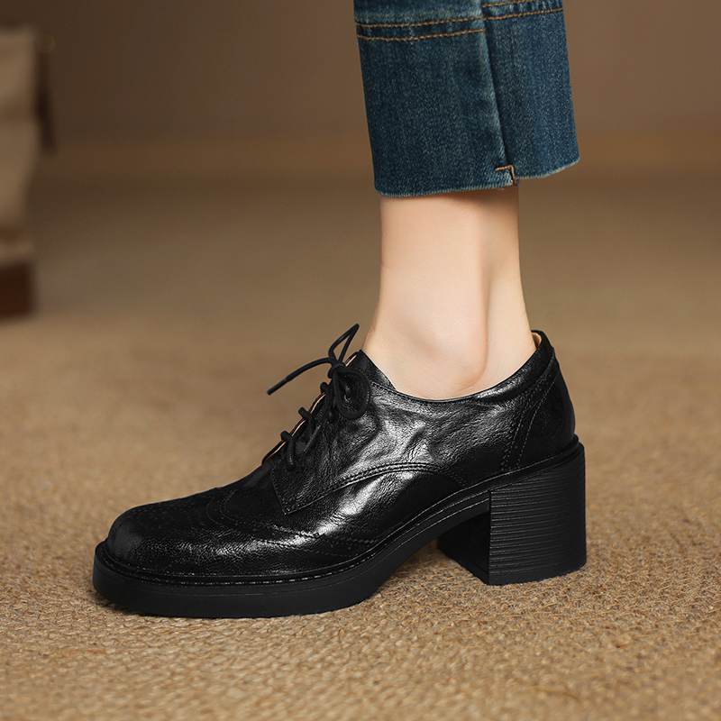 Krazing Pot Sheepskin Autumn Winter Shoes Lace Up Chunky Heels Oxford Shoes Size 43 Round Toe Deep Mouth Pumps