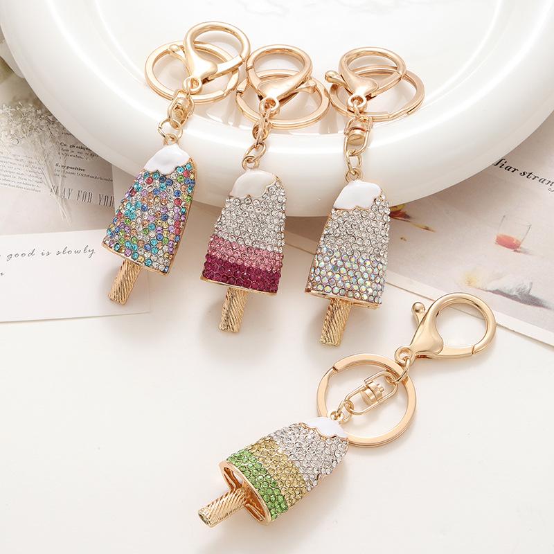 1PC Diamond Studded Ice Cream Pendant Car Keychain Pendant Metal Cute Women's Bag Pendant Keychain Souvenir