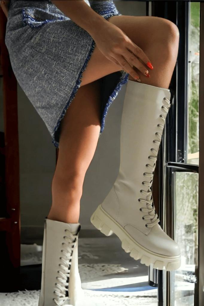 Women Modern Stylish Fashion Boots Boots Faux Leather Duksy Beige Lace-Up Side Zipper Casual Boots