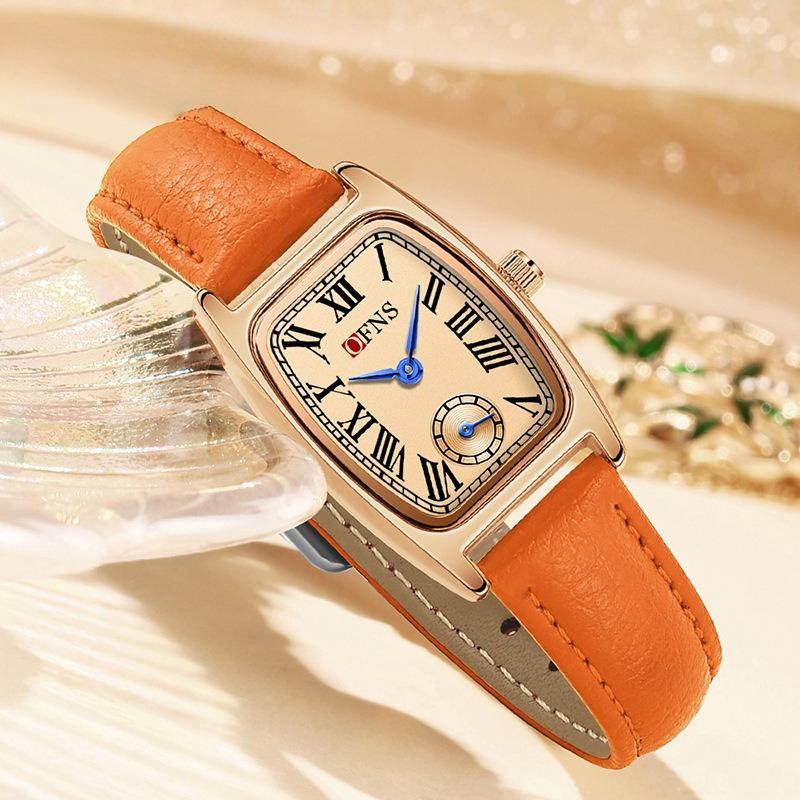 Fashion Ofns Brand Women's Quartz Watch Vintage Barrel Shape Two Half Hand Leather Strap Waterproof Dress Leather Wrist Watches