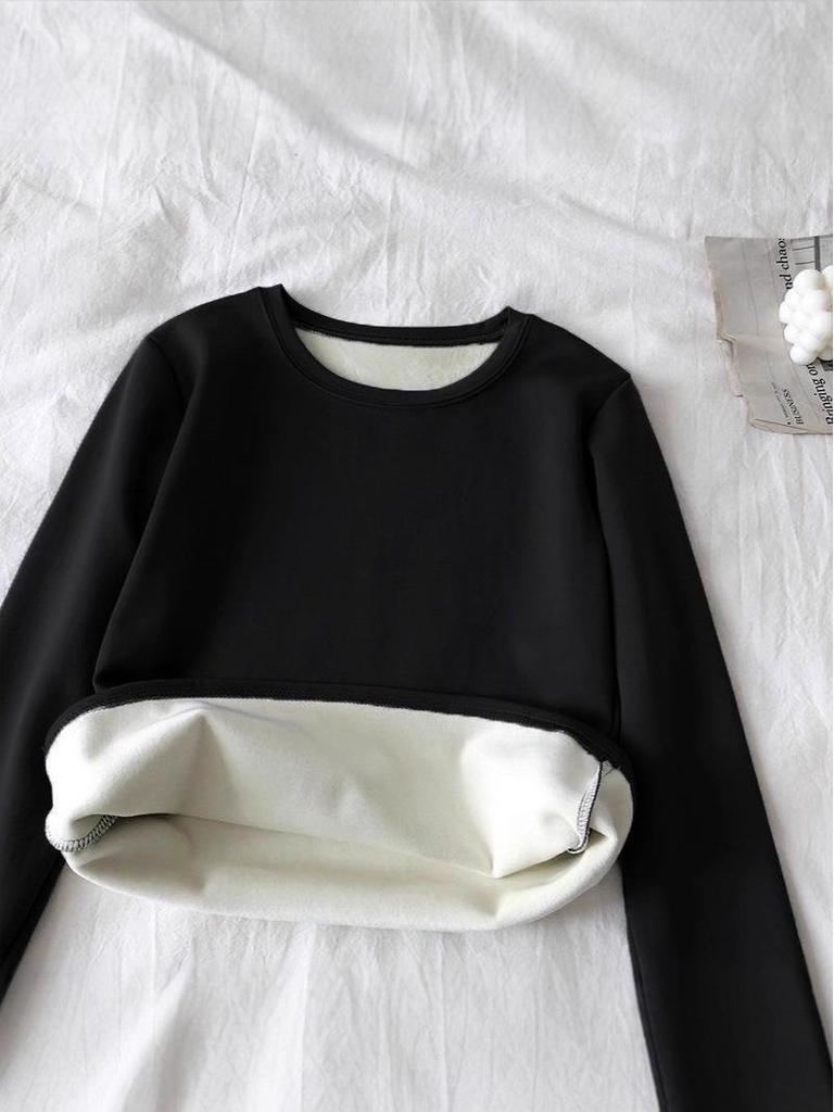 Women's Fleece-Lined Round Neck Base Layer - Thick, Warm, Loose Fit, Long Sleeve T-Shirt for Autumn/Winter. Plus Size Available.