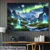 2D Nordlicht Wandteppich, Leuchtende Blaue Kristalle & Winterlandschaft Wandbehang