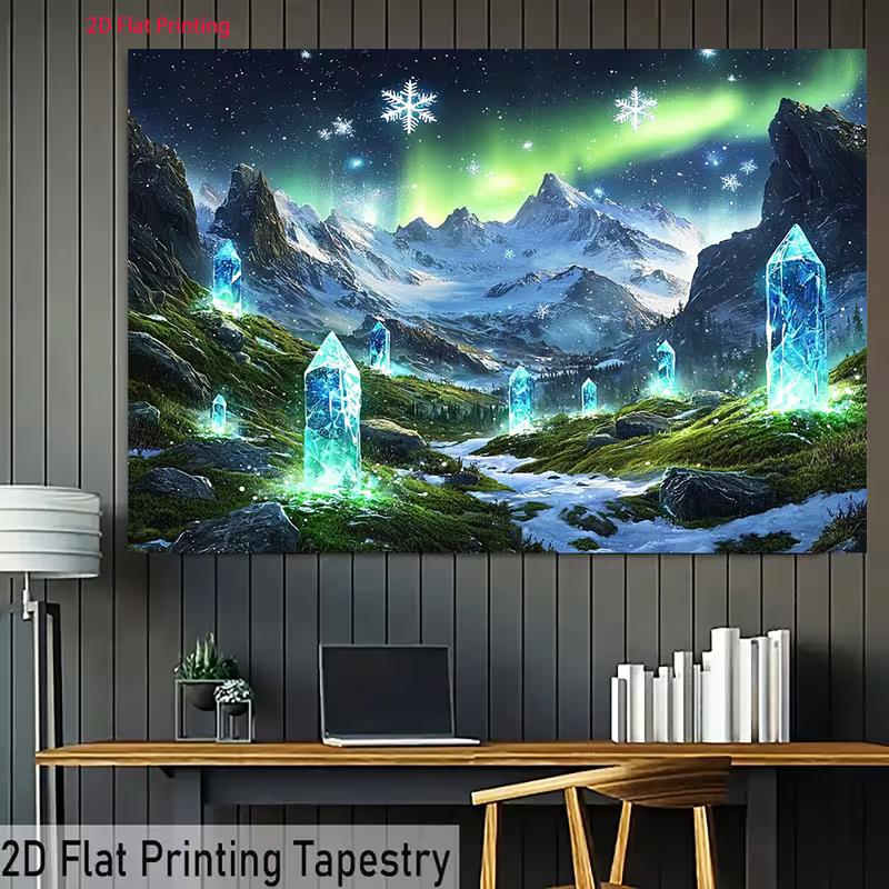 2D Nordlicht Wandteppich, Leuchtende Blaue Kristalle & Winterlandschaft Wandbehang