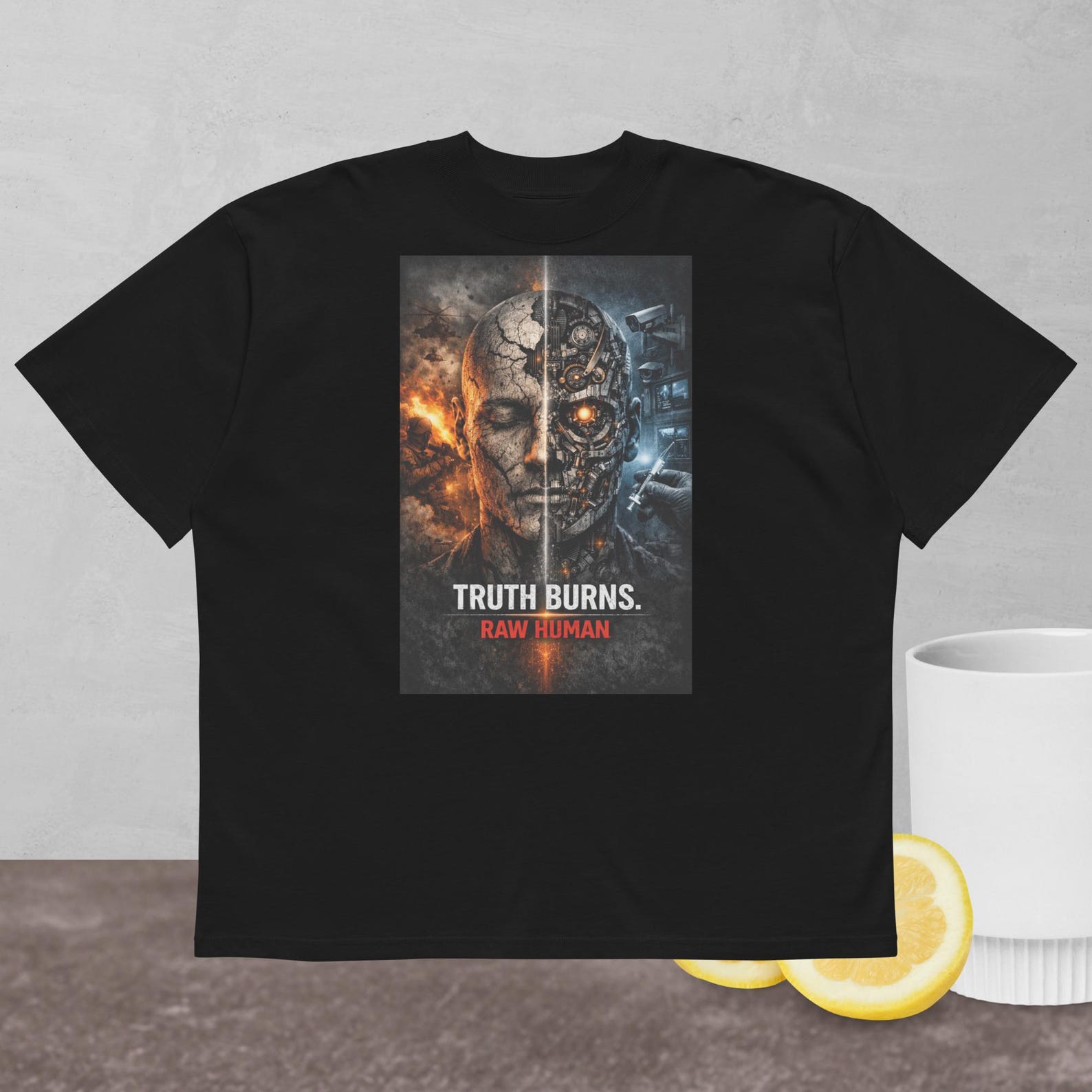 Dark Streetwear Shirt Cyberpunk Graphic Tee Philosophical Aesthetic Oversized T-shirt Distressed Robot Human Goth Clothing Truth Burns 2XL