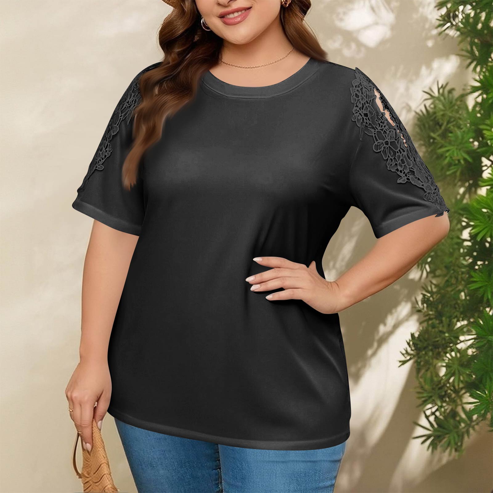 

Plus Size Women s Fashion Casual Loose Elegant Off-shoulder Hollow-out Short-sleeve T-shirt Top XXL чёрный