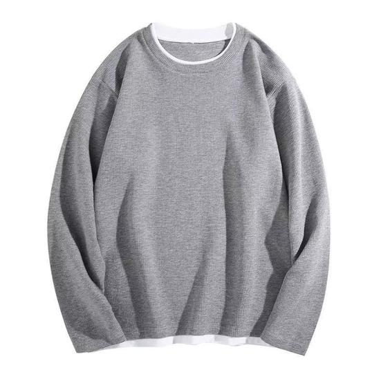 Men O-Neck Waffle Sweatshirt Fake Two-Piece Long Sleeve T-shirt Casual Loose Pullover for Spring Autumn Daily Wear Street