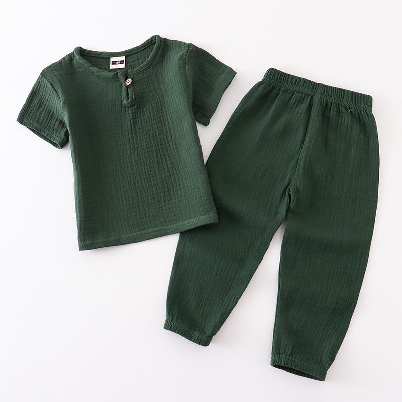 Kids' Summer Cotton Linen Two-Piece Set - Short Sleeve Top & Joggers