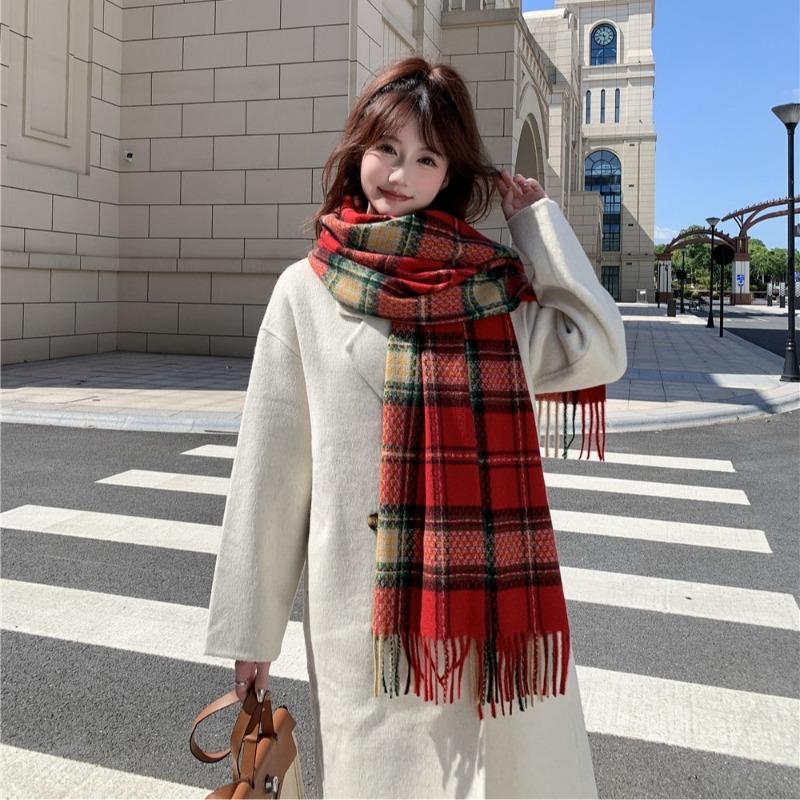 Red Plaid Scarf Women's Winter New Versatile Thickened Warm Scarf Student Christmas Gift