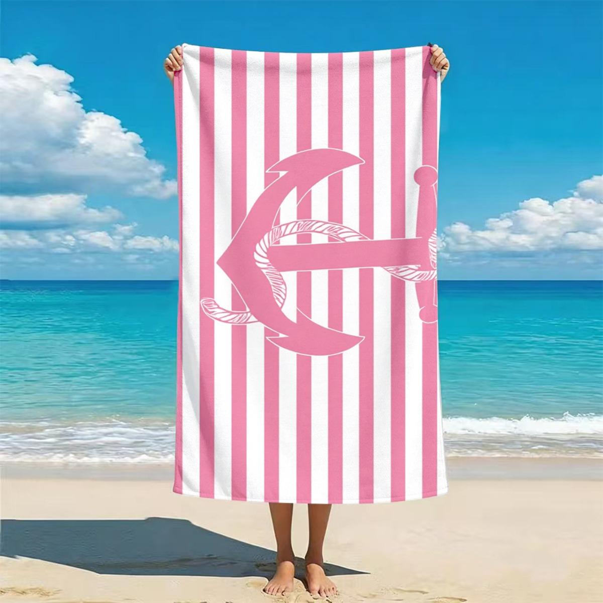

Pink White Striped Anchor Design Beach Towel, Soft Lightweight Absorbent Quick-Dry for Beach W40*H60(CM)