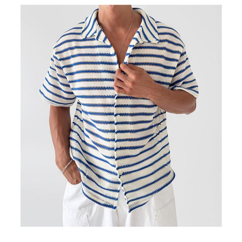 Men's Striped Knit Short Sleeve Button Up Shirt Casual Breathable Fashion Top for Summer Daily Wear