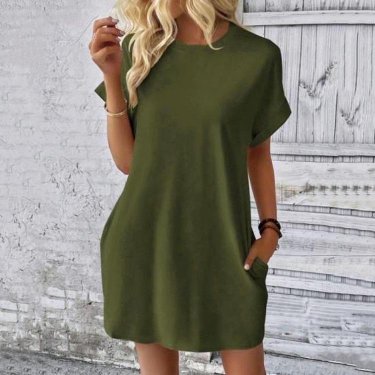 Summer Women Mini Dress Casual Loose Dolman Sleeve Round Neck Short Sleeves Side Pockets Above Knee Length Solid Color Soft Breathable Lady Dress