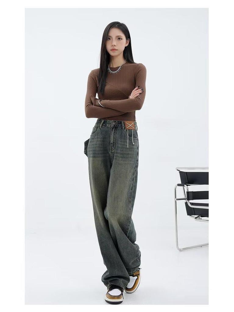 2025 Autumn/Winter Distressed High-Waisted Straight-Leg Women's Wide-Leg Jeans