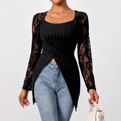 Simple Fashion Lace Splicing Long-sleeved Irregular Hem Slim T-shirt Tops Female Versatile Closet Essential Fashion Items Shirt