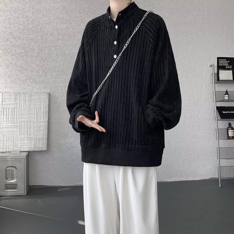 Men s Trendy Hong Kong-Style French Chic Button-Up Stand Collar Long-Sleeve Sweatshirt 2XL чёрный