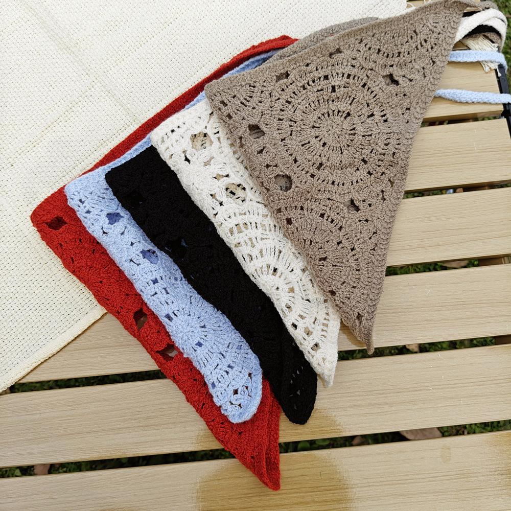 Retro Knitted Triangle Headband Handmade Crochet Hollow Floral Bandana French Sweet Hair Scarf Kerchief Korean Photo Headscarf