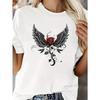 European Size Angel Wing Rose Graphic Women's Fashion Casual Sporty T-Shirt with Crew Neck, Polyester Blend