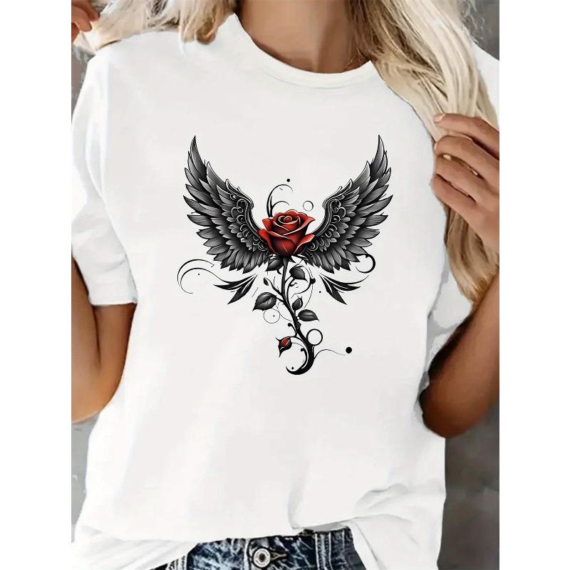 European Size Angel Wing Rose Graphic Women's Fashion Casual Sporty T-Shirt with Crew Neck, Polyester Blend