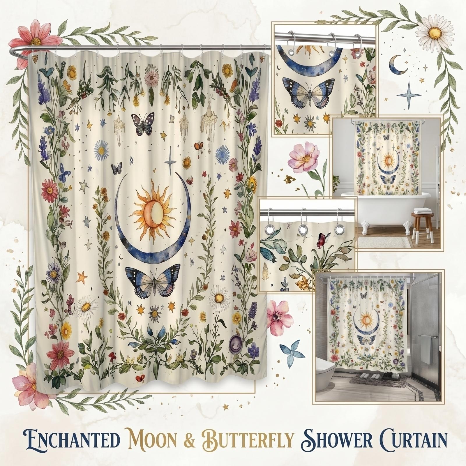 

Moon Butterfly Watercolor Painting Bathroom Dry Wet Separation Isolation Shower Curtain One Size