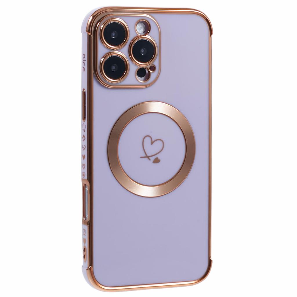 For iPhone 16 Pro Max Case Compatible with MagSafe Electroplated Love Hearts TPU Phone Cover with Chain Strap