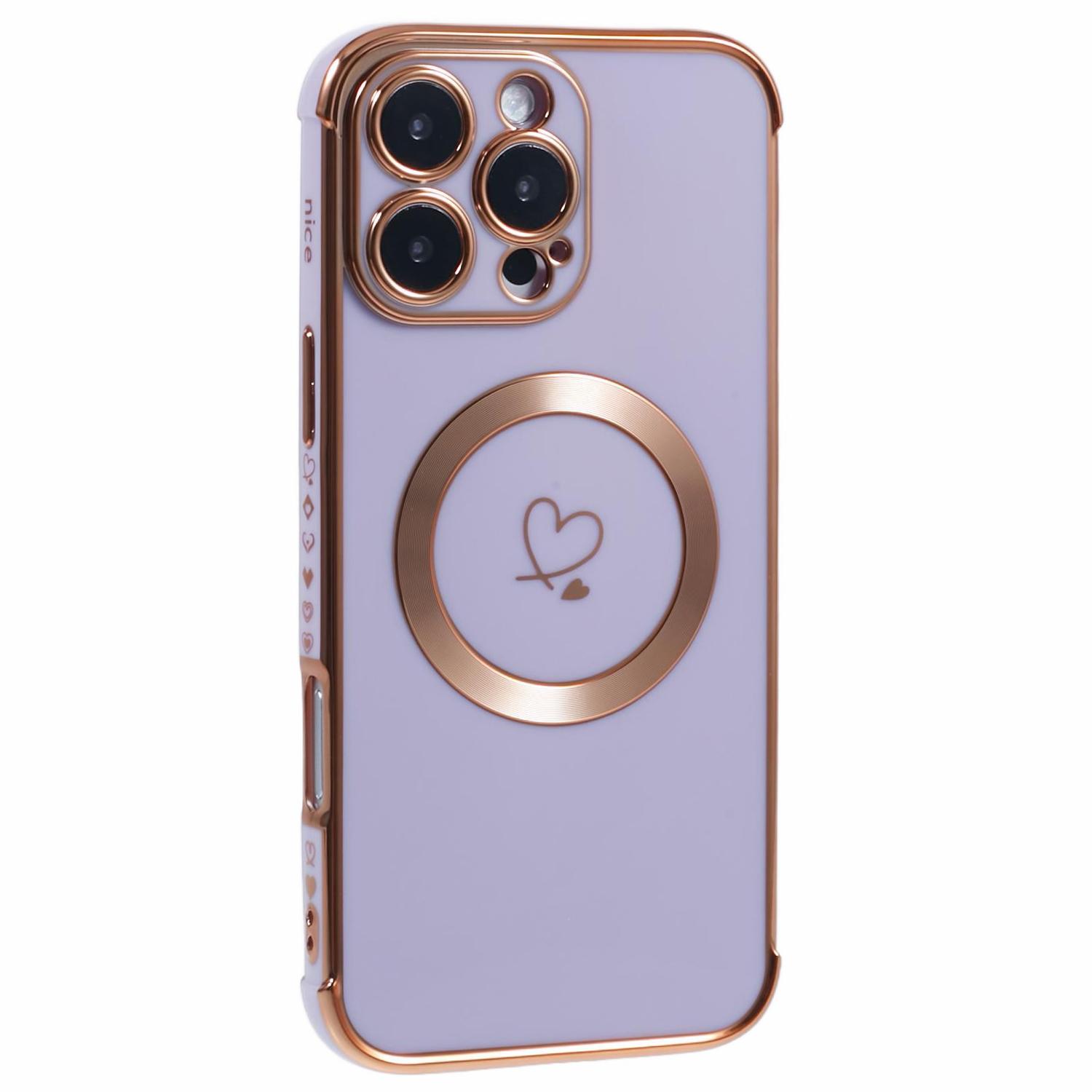 

For iPhone 16 Pro Case Compatible with MagSafe Electroplated Love Hearts TPU Phone Cover with Chain Strap Purple