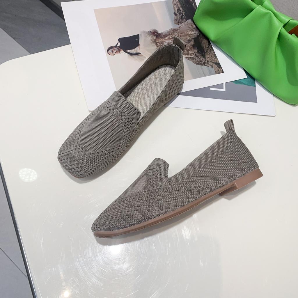 2024 Solid Color Square Toe Mesh Loafers Shallow Women Flats Shoes Soft Bottom Knit Ballet Flats Shoes Casual Slip On Boat Shoes