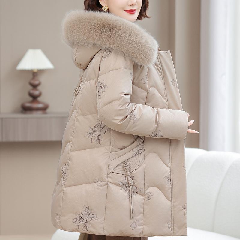 Real Fur Collar Middle-aged Women's Winter Down Coats Hooded Plus Size XL-6XL Embroidery White Duck Down Jackets for Women Thick Warm Parkas