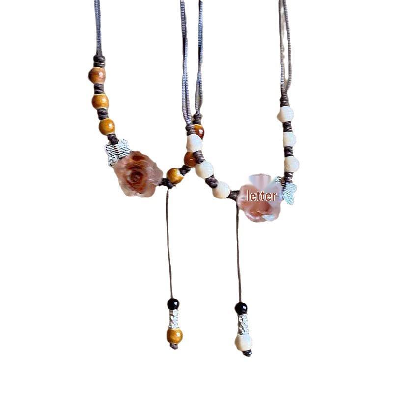 Collier Tressé Rose en Céramique Style Rétro Chinois 2025 pour Femmes - Chaîne Longue à Tirer pour Clavicule