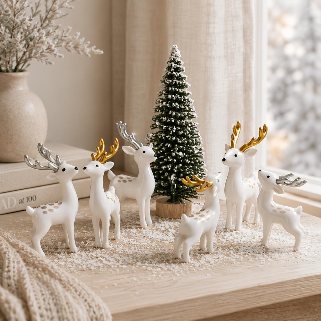 3pcs Christmas Deer Figurines Set Woodland Style Tabletop Decorations with Snowy Tree Holiday Ornaments for Living Room Office Desk Shelf Home Decor