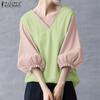 ZANZEA Women Casual V-Neck Splice 3/4 Sleeve Loose Blouse