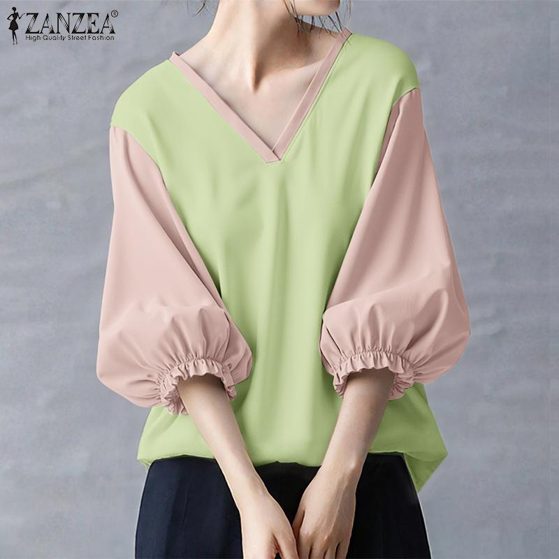 ZANZEA Women Casual V-Neck Splice 3/4 Sleeve Loose Blouse
