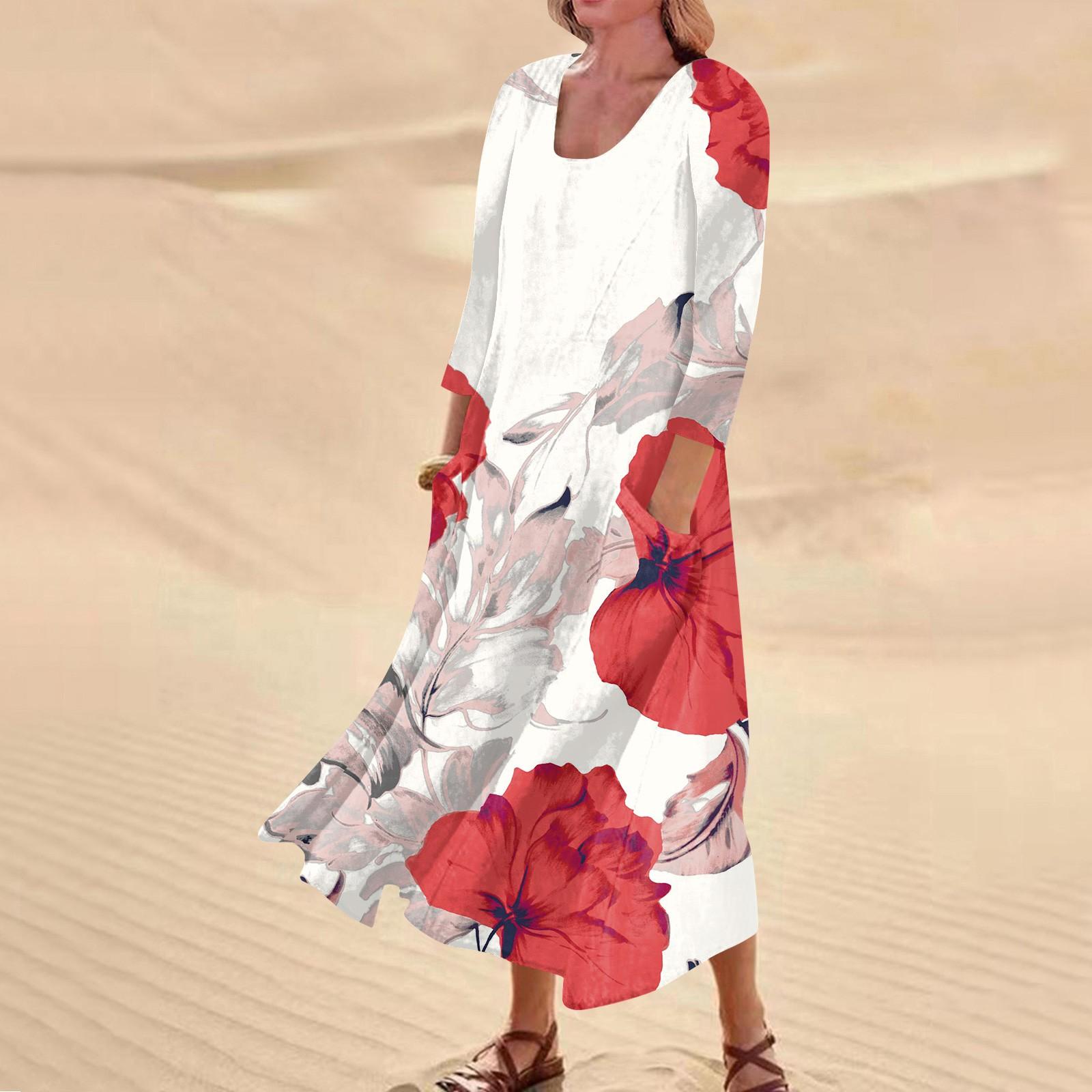 Женское повседневное удобное хлопковое карманное платье с цветочным принтом и рукавами — фото 12