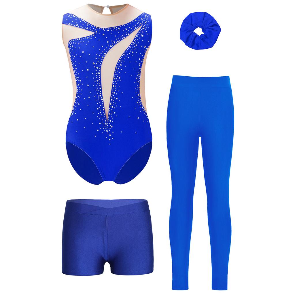 Mädchen Glitzer Strass Turnen Leotard Set Bund Shorts Leggings Kopfbedeckung Eiskunstlauf Outfit