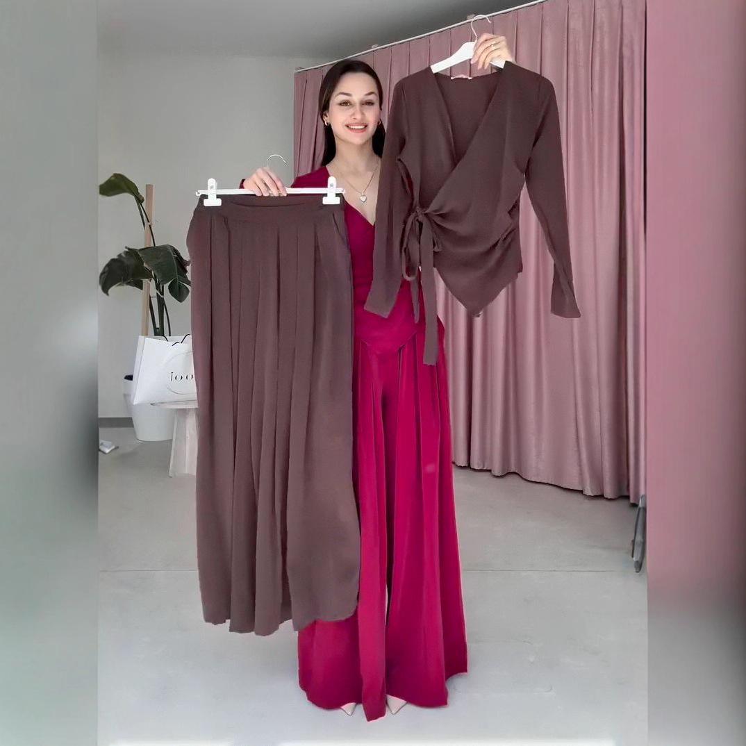 

2025 Осень Элегантный Женский Комплект Топ с V-образным вырезом и сборками и Брюки широкого кроя M вино красного