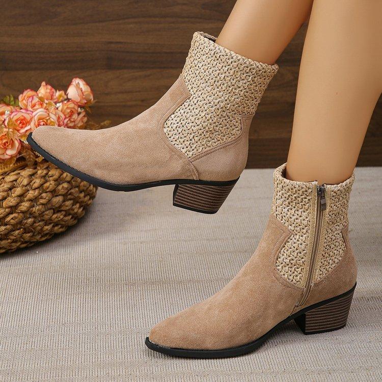 Large size pointed square heel side zipper and wind smoke boots, new autumn and winter medium women's boots