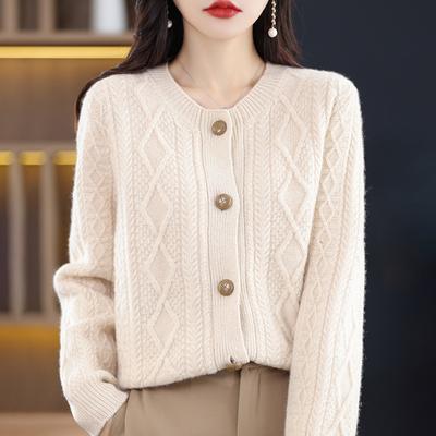 Lazy Cardigan Women's Retro Jacket Sweater Women's Round Neck Autumn and Winter Cardigan Twist Thickened Knit Sweater