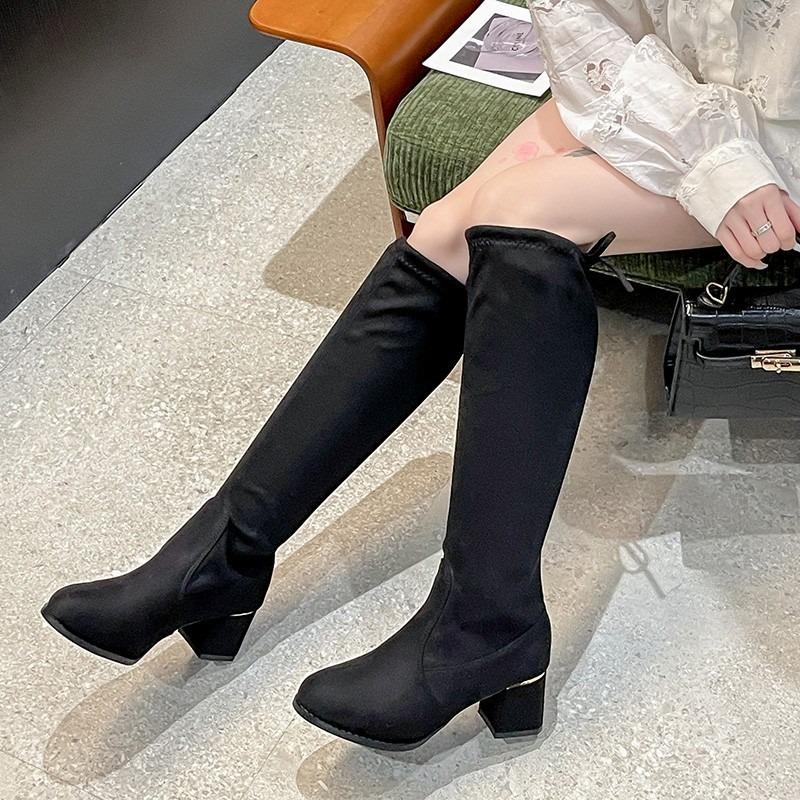 Damen Überweite Schwarze Stretchstiefel, Wildleder Klobiger Absatz Kniehohe Stiefel, Europäischer Streetstyle Stiefeletten für Damen