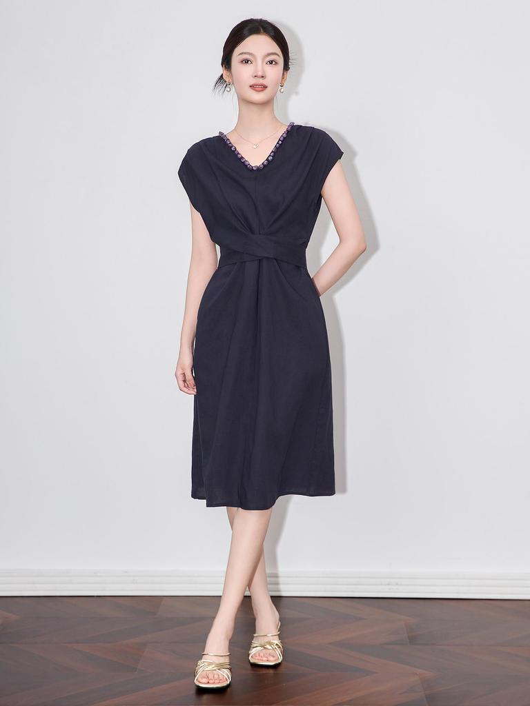 Light Luxury French Slimming Irregular Ruched Waist Tie Dress - Women's Summer Fashion