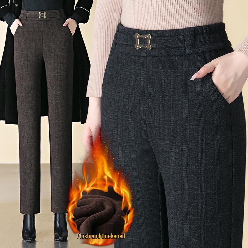 Women's High-Waisted Plaid Acetate Wool Pants - Plus Velvet, Thickened for Warmth, Autumn/Winter Style, Ideal for Middle-Aged Moms