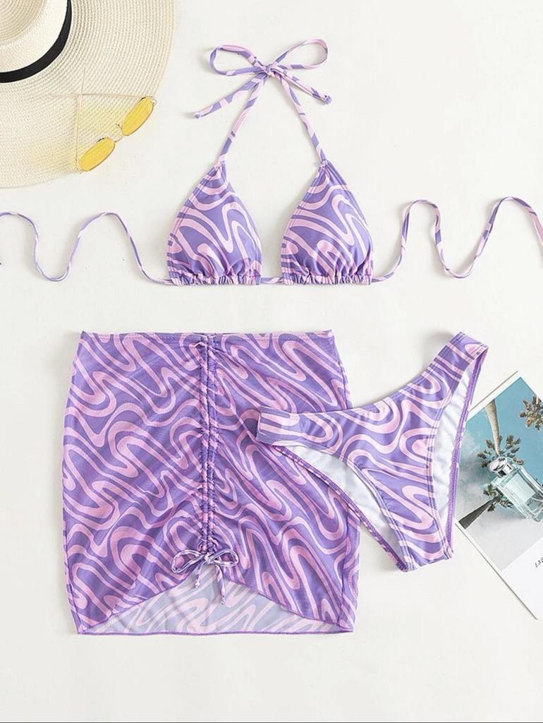 2024 European & American Full Print Halter Triangle Bikini Swimsuit with Beach Dress