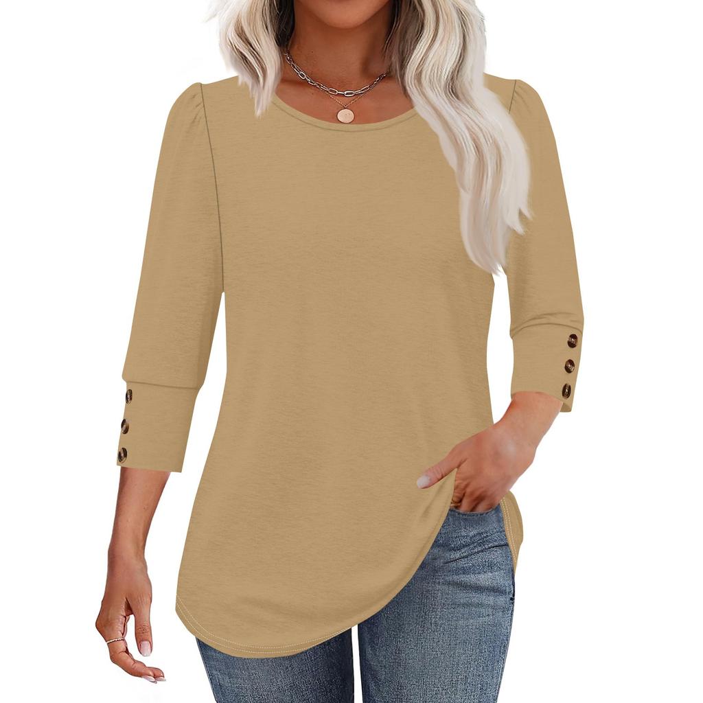 Women's Fashion Casual Solid Color Round Neck Seven-quarter Sleeve T-shirt Top