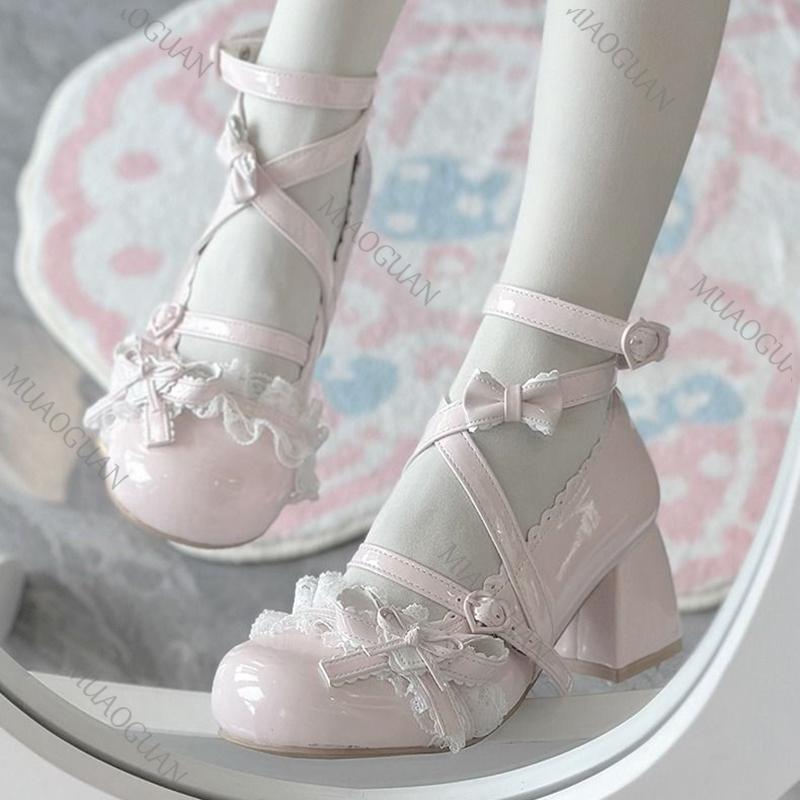 Fashion Lolita Red High Heels Cute pumps Shoes spring Autumn Lace Thick high heels Single Shoes Patent Leather Mary Jane Women's Shoes