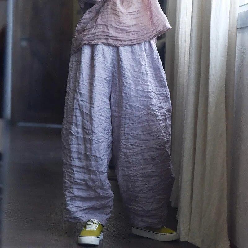 Johnature Women Solid Color Wide Leg Pants Elastic Waist Spring Trouser Casual Women Long Pants