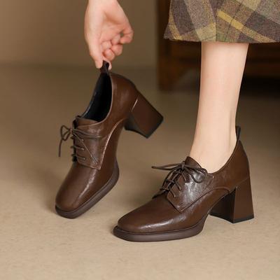 Fashion Women's Chunky Single Shoes Spring New Square Head Deep Mouth Front Lacing Anti-slip Wear-resistant High Heels