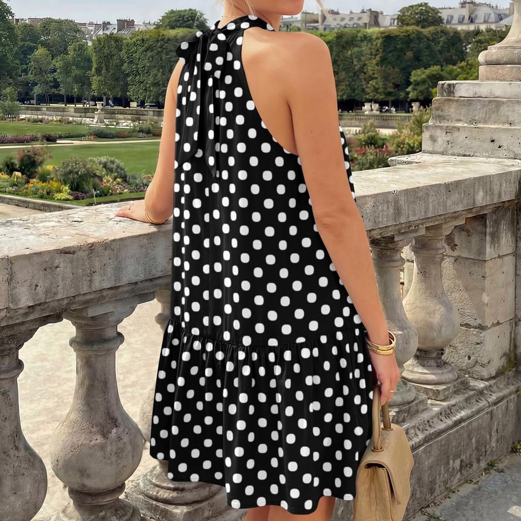 Women's Sleeveless Halter Neck Dress Polka Dot Pattern Casual Mini Dress Loose Fit Summer Beach Dress