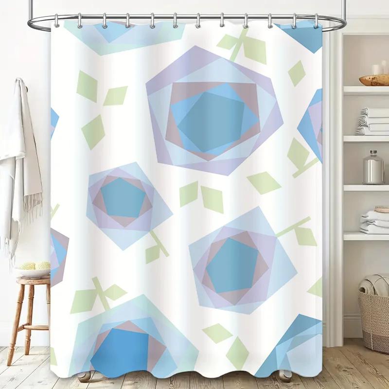 Modern Geometric Shower Curtain: Blue Purple Octagon Pattern Waterproof Fabric Bathroom Decor for Home Improvement