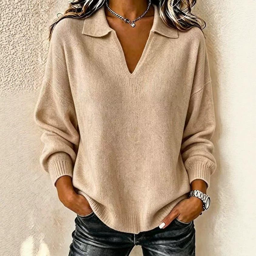2026 European & American Cross-Border Fashion: Solid Color V-neck Long Sleeve Sweater for Women - Autumn/Winter Versatile Casual Wear