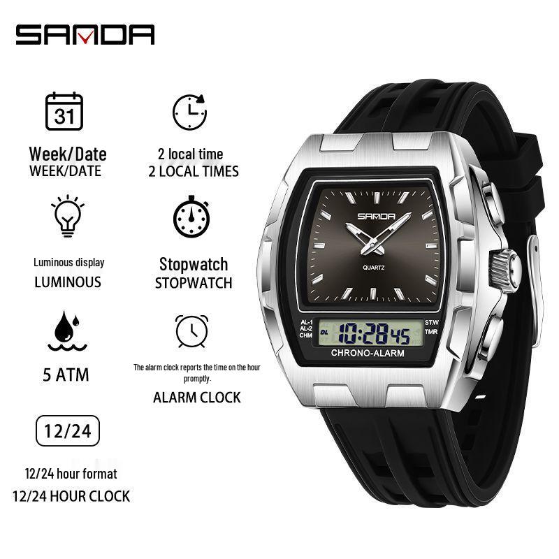 SANDA Men's Multifunctional Sports Watch - Dual Display, Waterproof, Casual & Versatile.