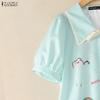 ZANZEA Women Lace Splice Turn Down Collar Casual Short Sleeve Print Blouse