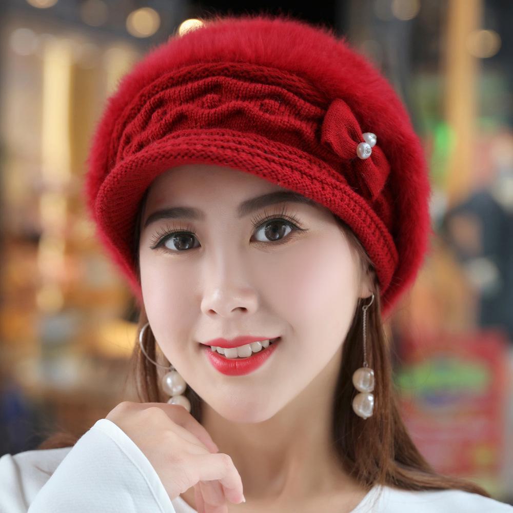 Women's Autumn/Winter Rabbit Fur Ear Protection Warm Hat with Thick Knit and Duckbill Design